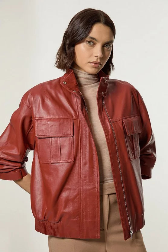 Leather Cargo Pocket Bomber Jacket