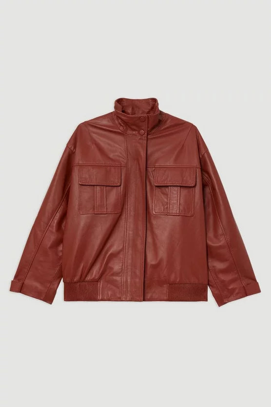 Leather Cargo Pocket Bomber Jacket