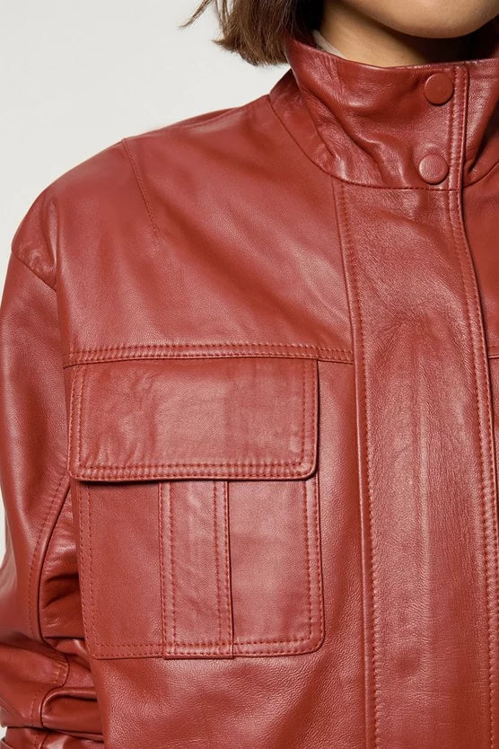 Leather Cargo Pocket Bomber Jacket