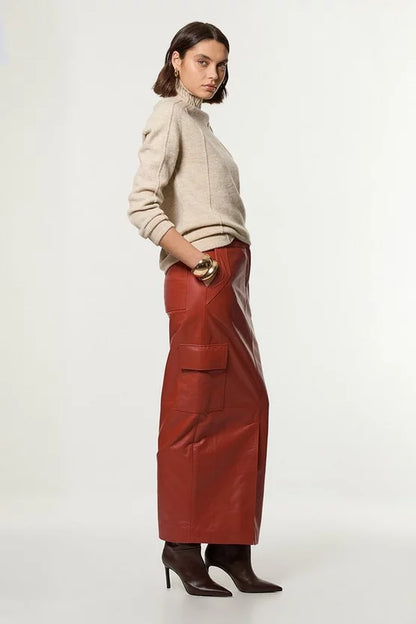 Leather Cargo Pocket Maxi Tailored Skirt