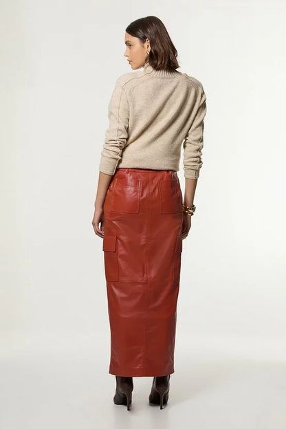 Leather Cargo Pocket Maxi Tailored Skirt