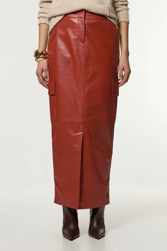 Leather Cargo Pocket Maxi Tailored Skirt