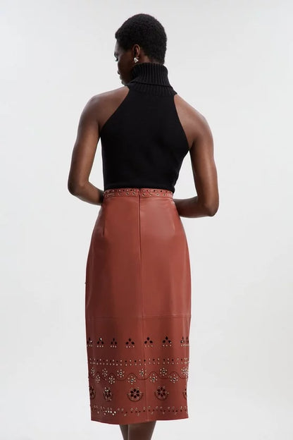 Leather Cut Work & Studded Wrap Pencil Skirt