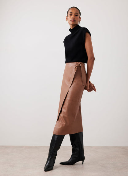 Tan Leather Midi Skirt