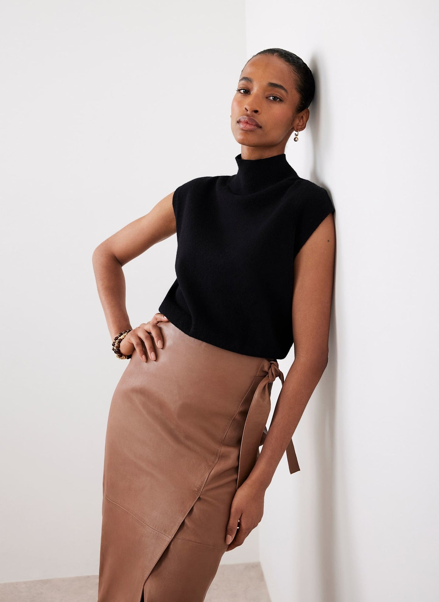 Tan Leather Midi Skirt