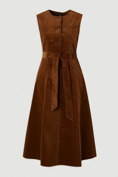 Stretch Cord Belted Midi Dress