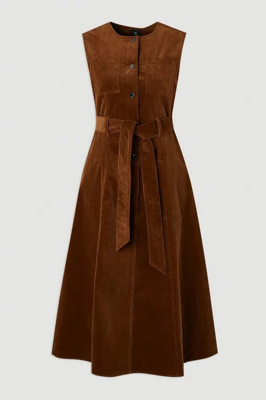 Stretch Cord Belted Midi Dress