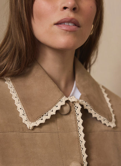 Neutral Suede Crochet Trim Jacket