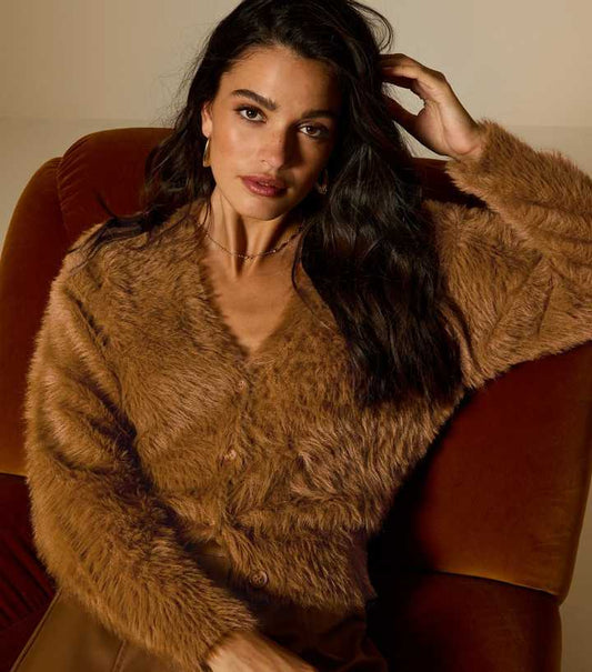 Tan Super Fluffy Button Up Cardigan