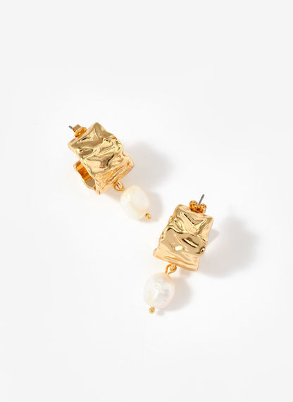 Gold Tone Textured Pearl Drop Earring