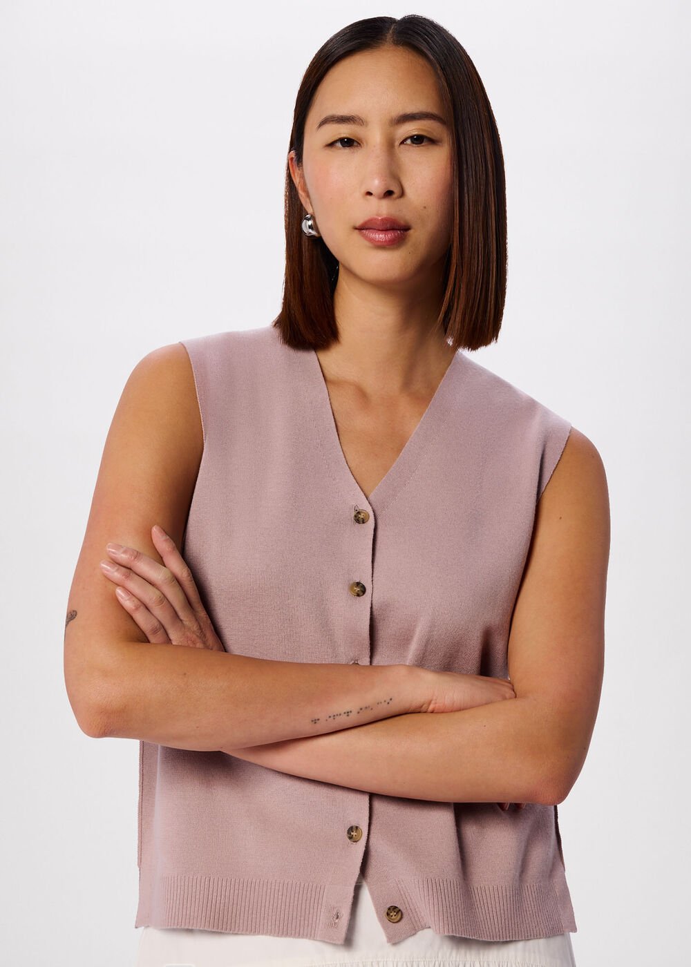 Pale Pink V Neck Button Front Knit Tank