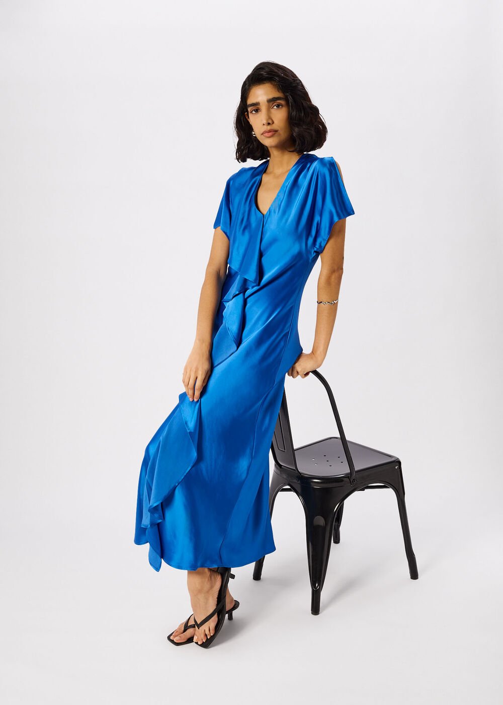 Blue V Neck Ruffle Satin Dress