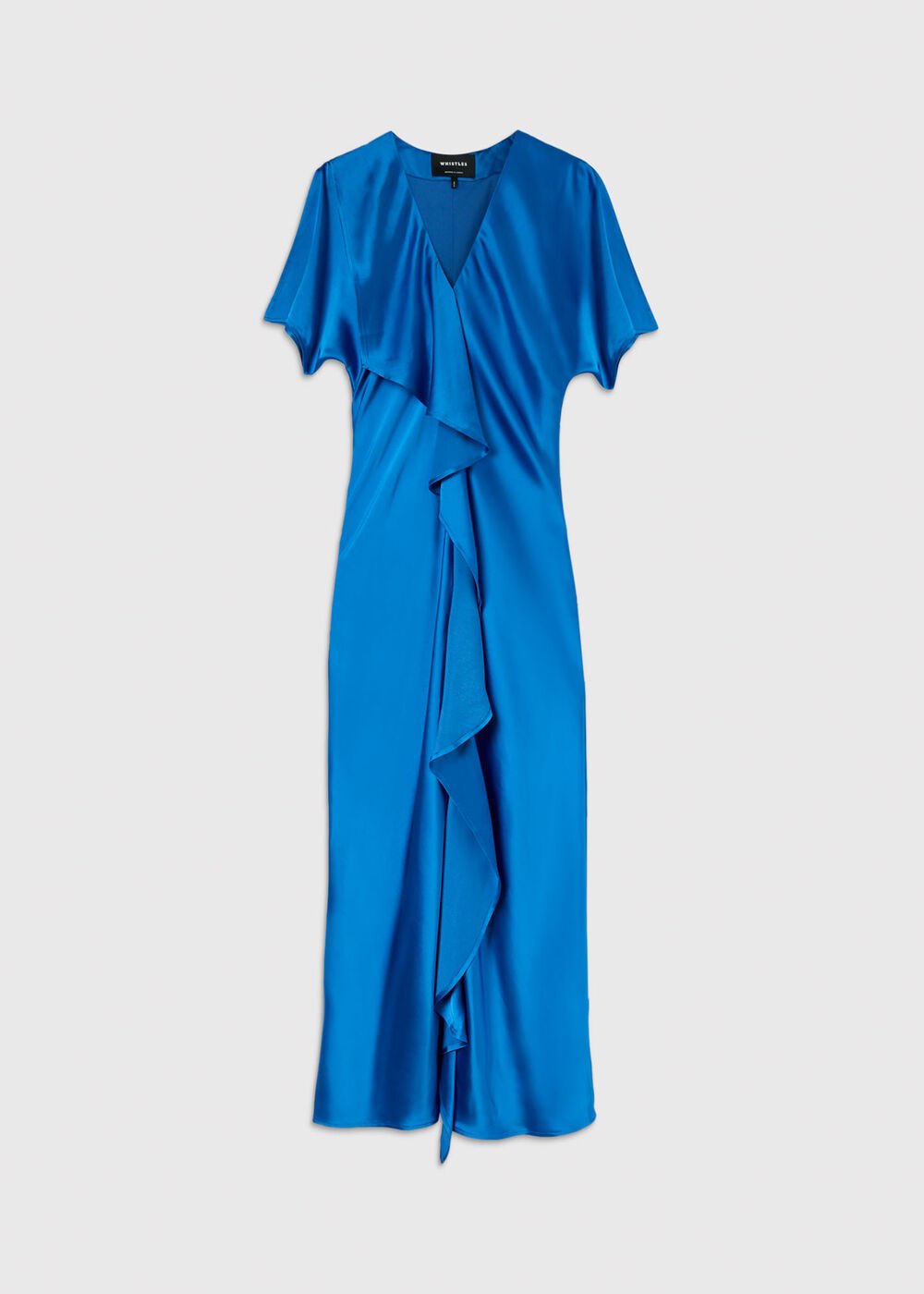 Blue V Neck Ruffle Satin Dress