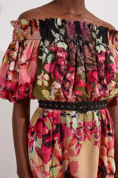 Voile Mirrored Floral Woven Bardot Midi Dress