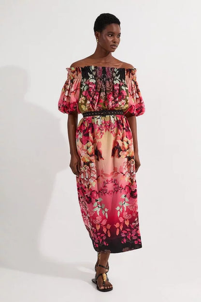 Voile Mirrored Floral Woven Bardot Midi Dress