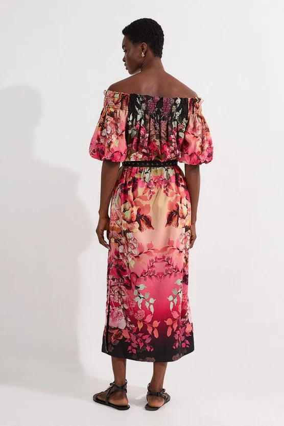 Voile Mirrored Floral Woven Bardot Midi Dress