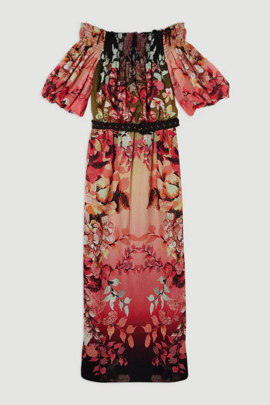 Voile Mirrored Floral Woven Bardot Midi Dress