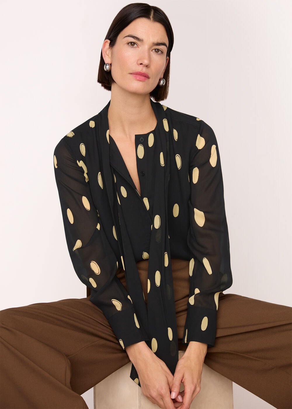 Black/Multi Abstract Spot Ruffle Blouse