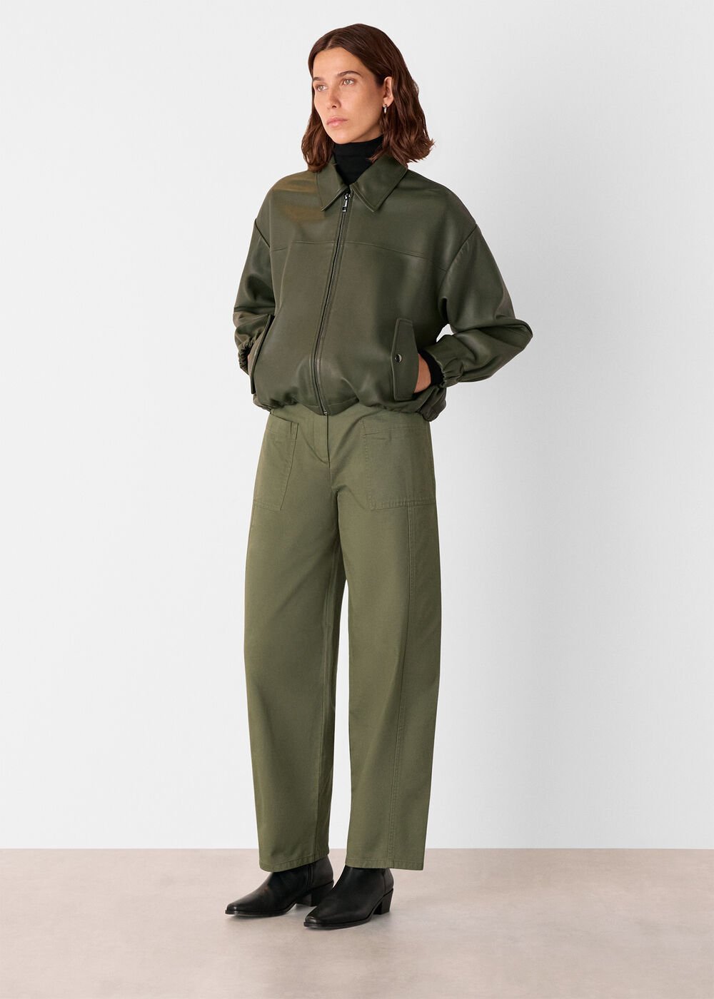 Khaki Belted Cotton Barrel Trouser