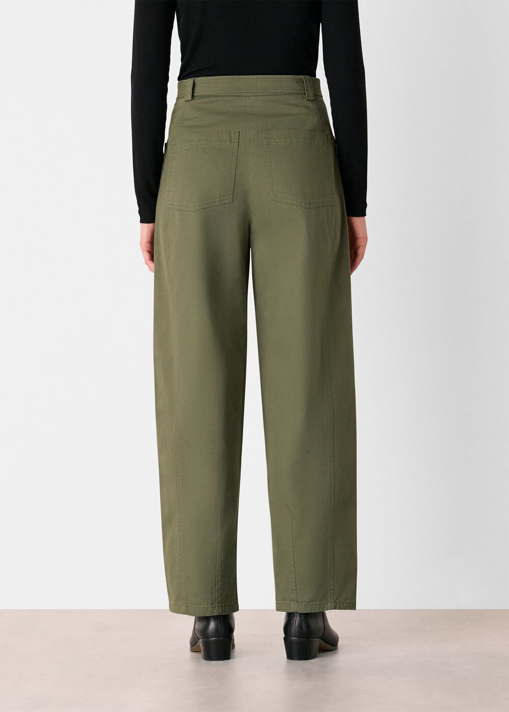 Khaki Belted Cotton Barrel Trouser