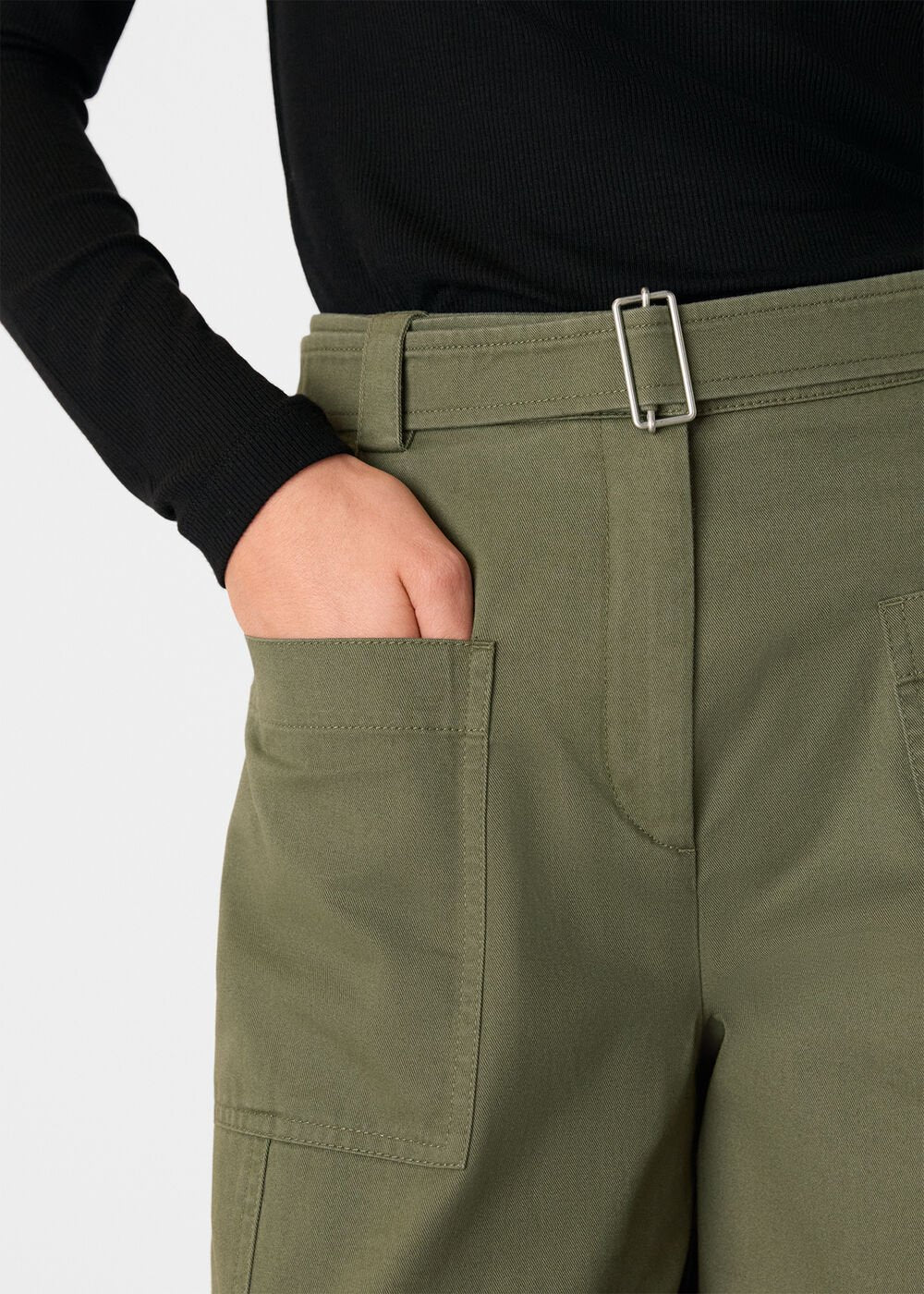 Khaki Belted Cotton Barrel Trouser