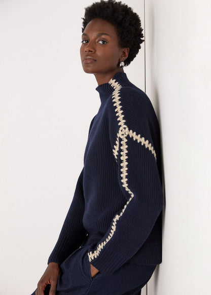 Navy Blanket Stitch Wool Mix Knit