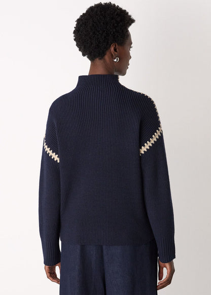 Navy Blanket Stitch Wool Mix Knit