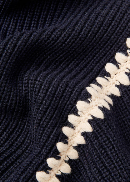 Navy Blanket Stitch Wool Mix Knit