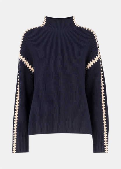 Navy Blanket Stitch Wool Mix Knit