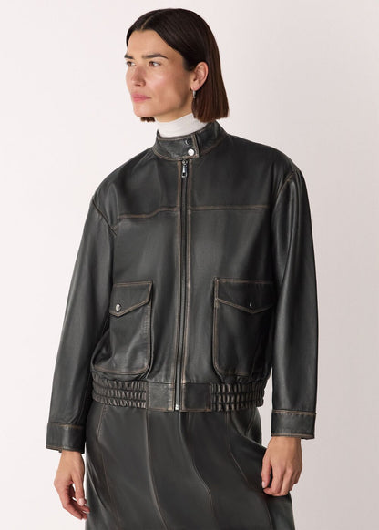 Black Burnished Leather Bomber