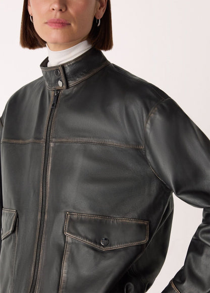 Black Burnished Leather Bomber