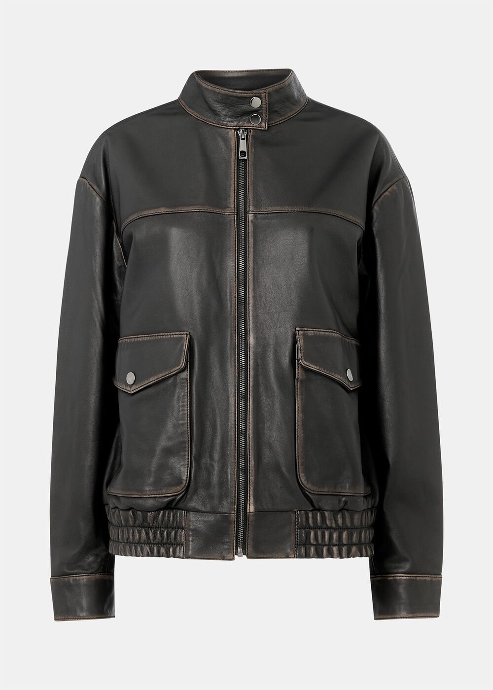 Black Burnished Leather Bomber