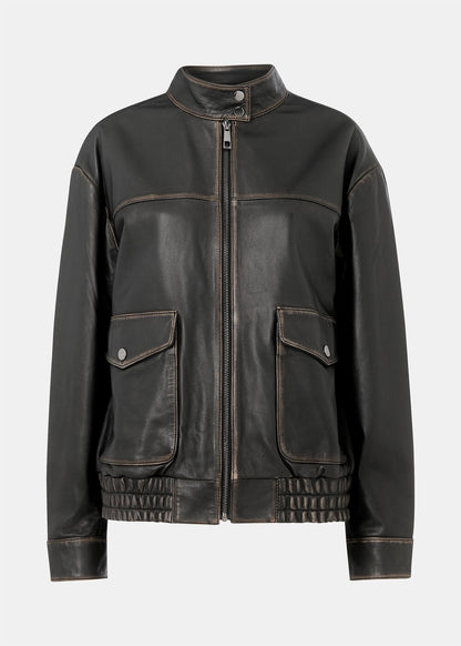Black Burnished Leather Bomber