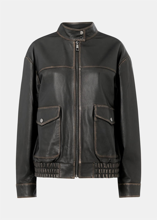 Black Burnished Leather Bomber