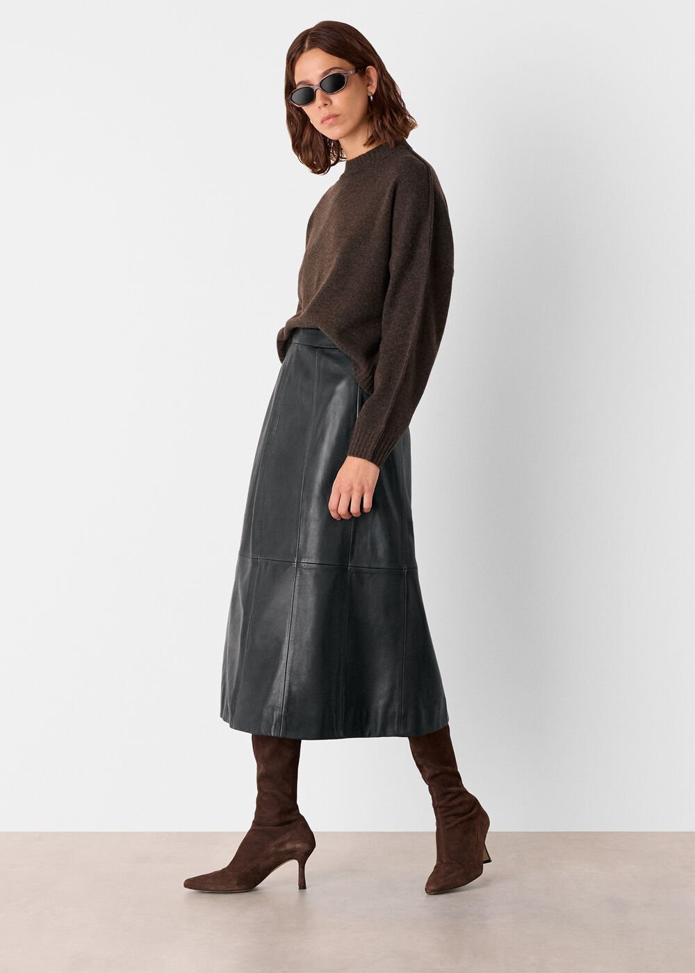 Black Burnished Leather Midi Skirt
