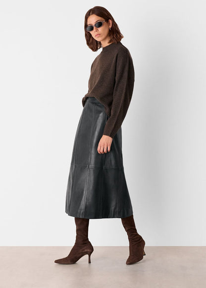 Black Burnished Leather Midi Skirt