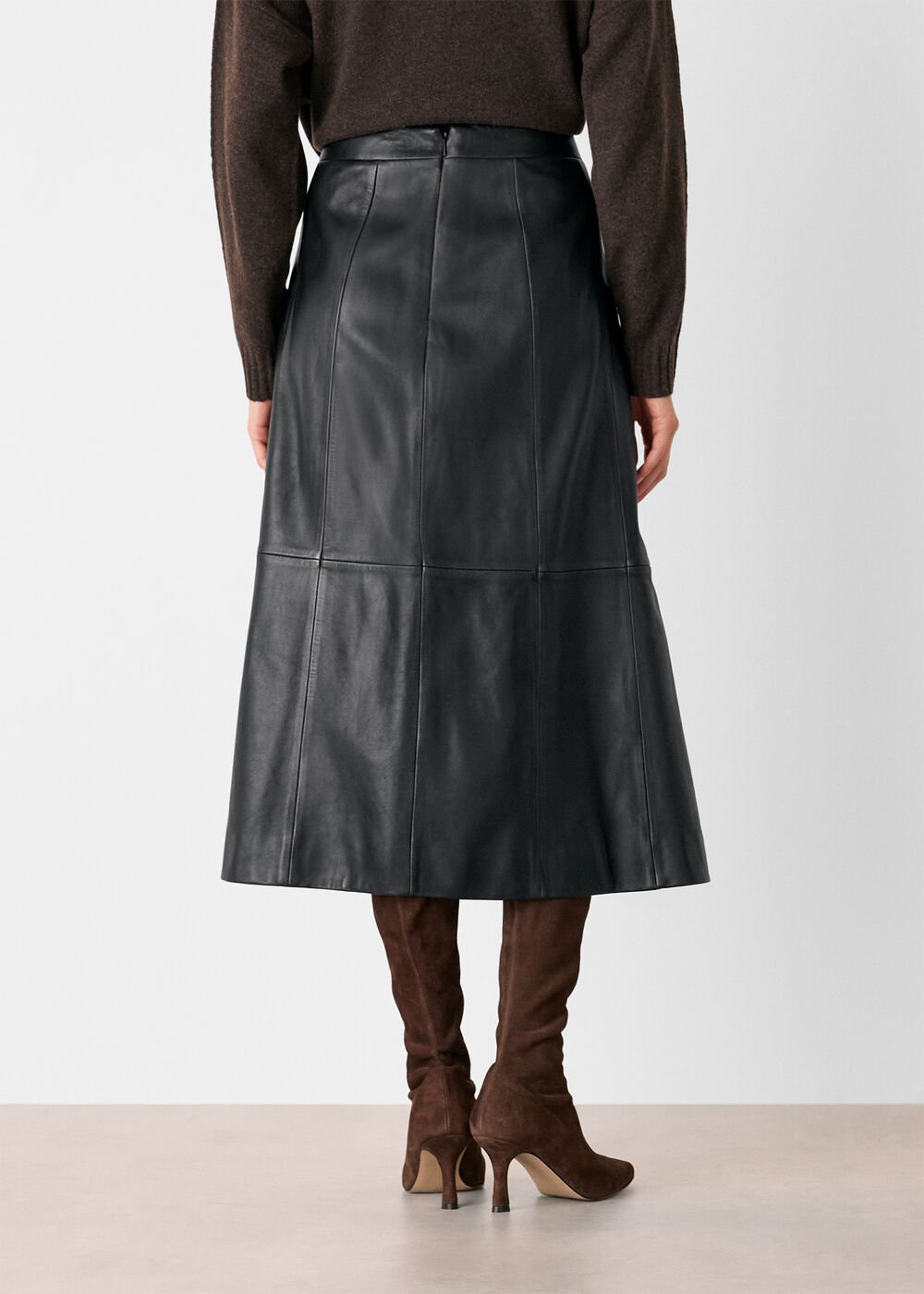 Black Burnished Leather Midi Skirt