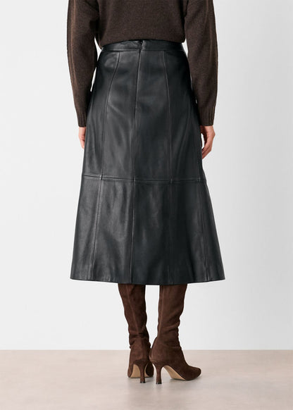 Black Burnished Leather Midi Skirt