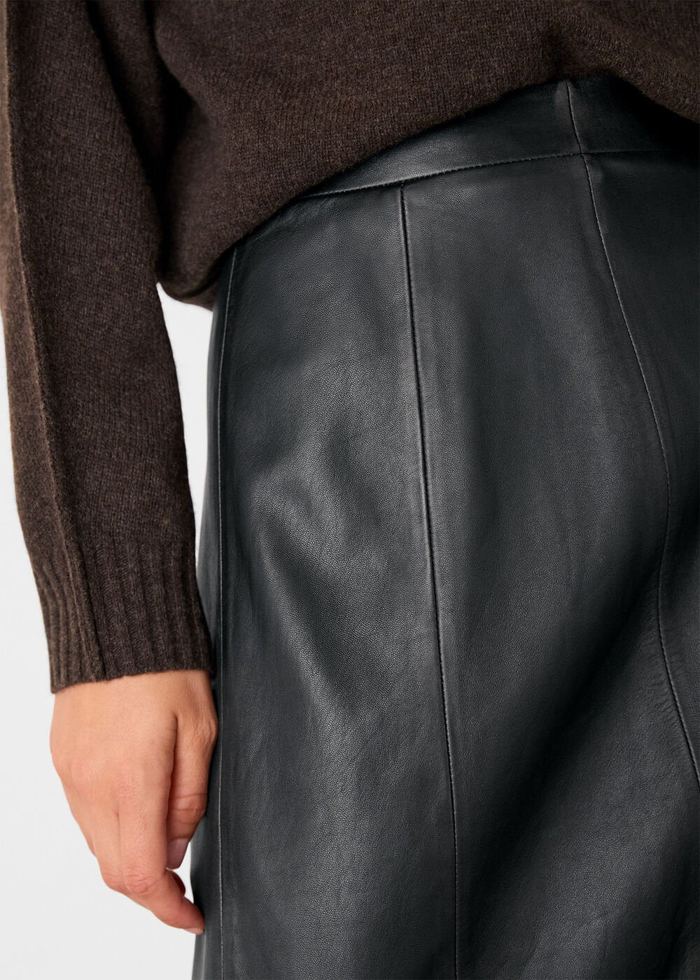 Black Burnished Leather Midi Skirt