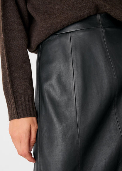 Black Burnished Leather Midi Skirt