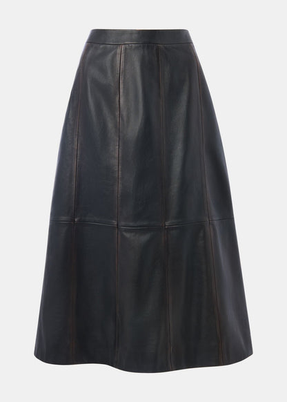 Black Burnished Leather Midi Skirt