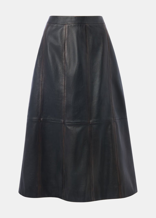 Black Burnished Leather Midi Skirt