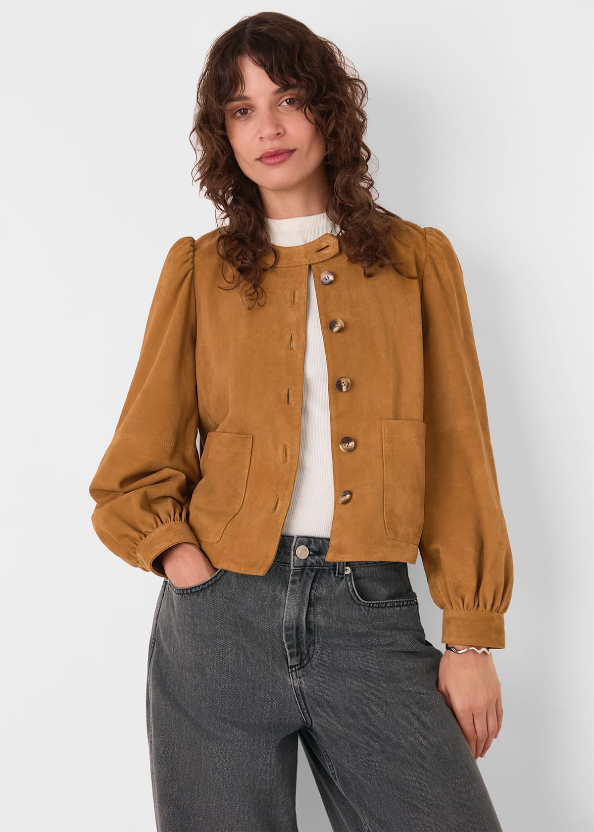 Camel Button Front Suede Jacket