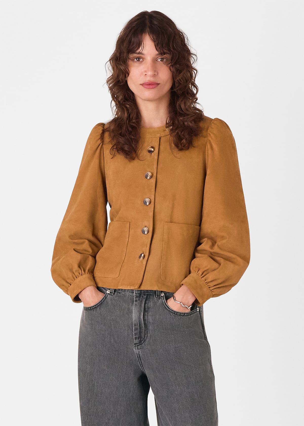 Camel Button Front Suede Jacket