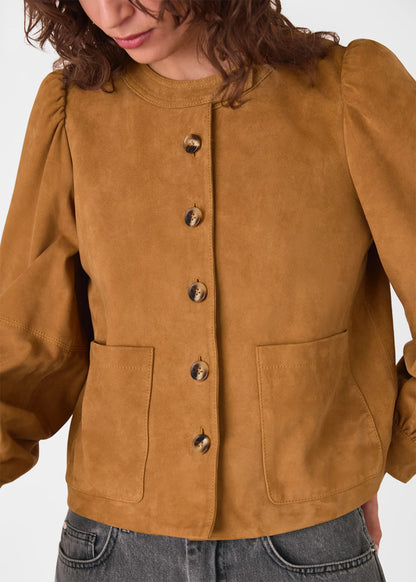 Camel Button Front Suede Jacket