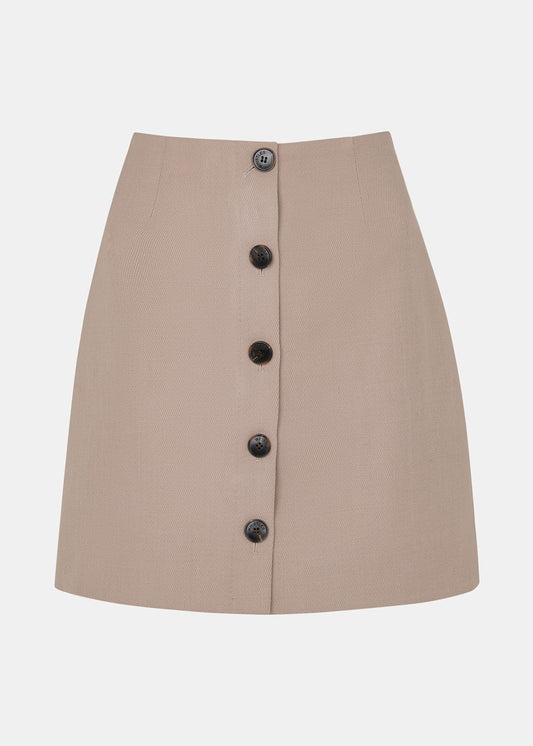 Neutral Button Front Wool Mini Skirt