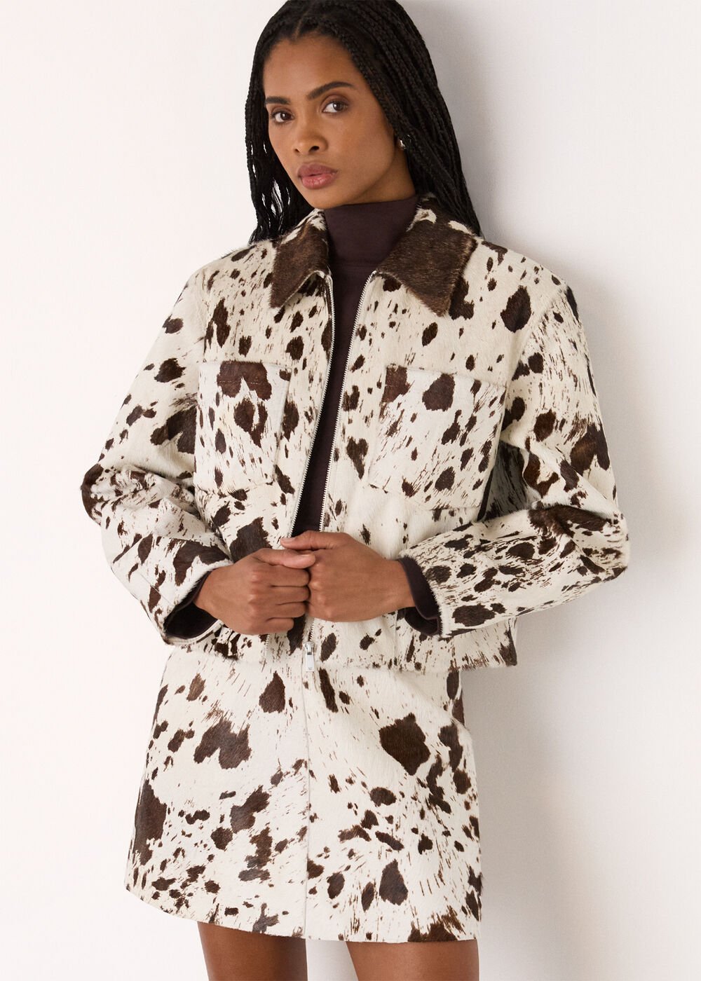 Brown/Multi Cow Print Zip Jacket