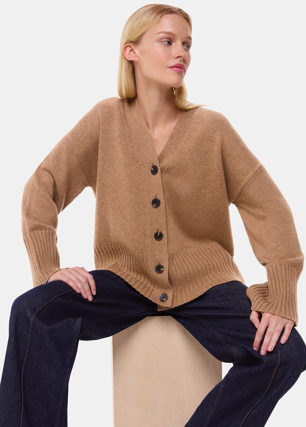 Camel Cashmere Blend Ribbed Cardigan