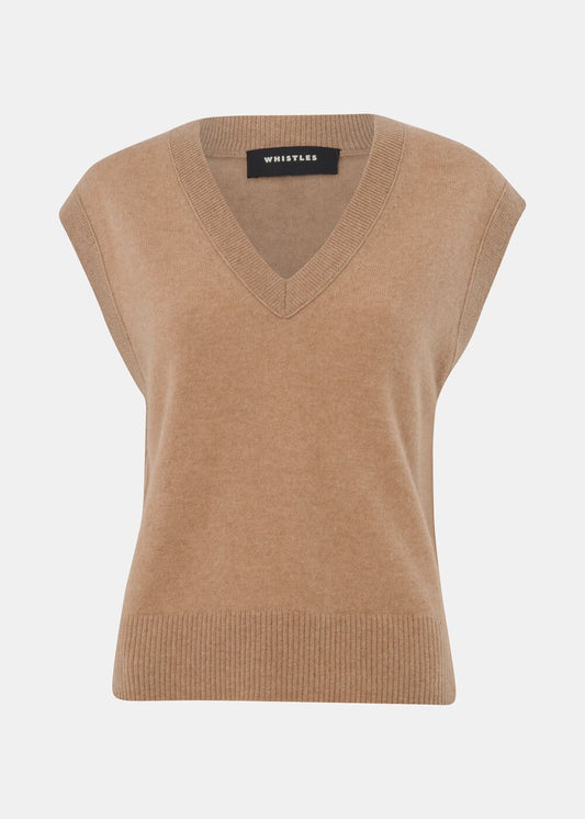 Camel Cashmere V Neck Tank