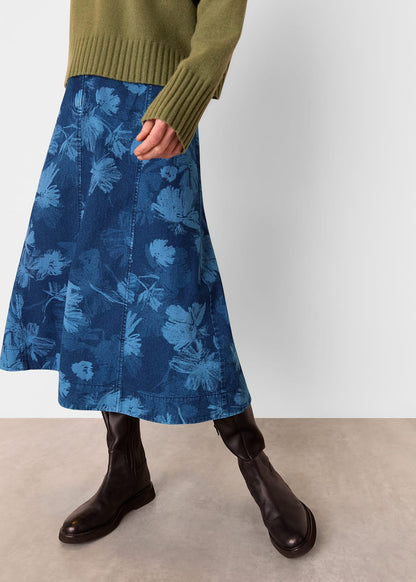 Denim Chalk Print Denim Midi Skirt